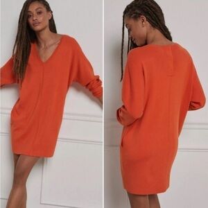 NWT Saturday Sunday Knit V Neck Pocket Oversized Tunic Mini Dress Orange Small